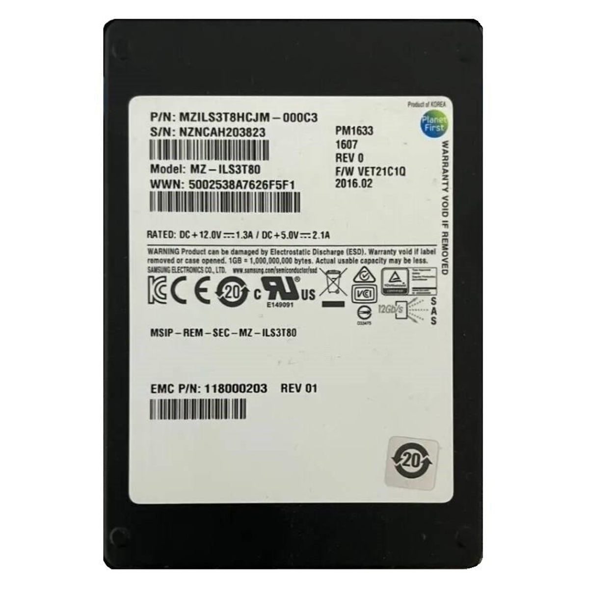 Samsung MZILS3T8HCJM-000C3 PM1633 3.84TB SAS 12Gbps 2.5inch SSD EMC OEM (Used - Good)