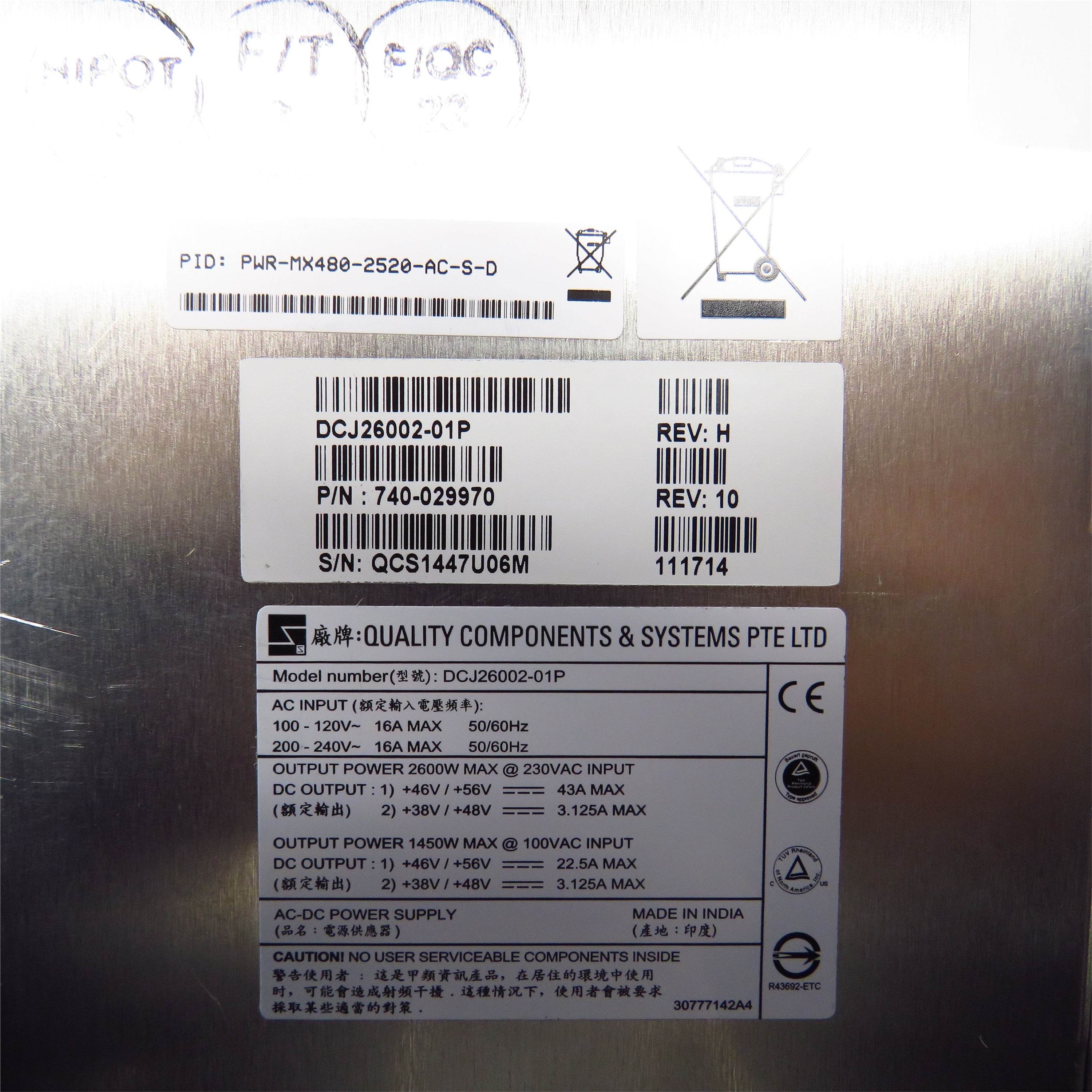 JUNIPER PWR-MX480-2520-AC-S 2520W AC Power Supply, Spare (Refurbished)